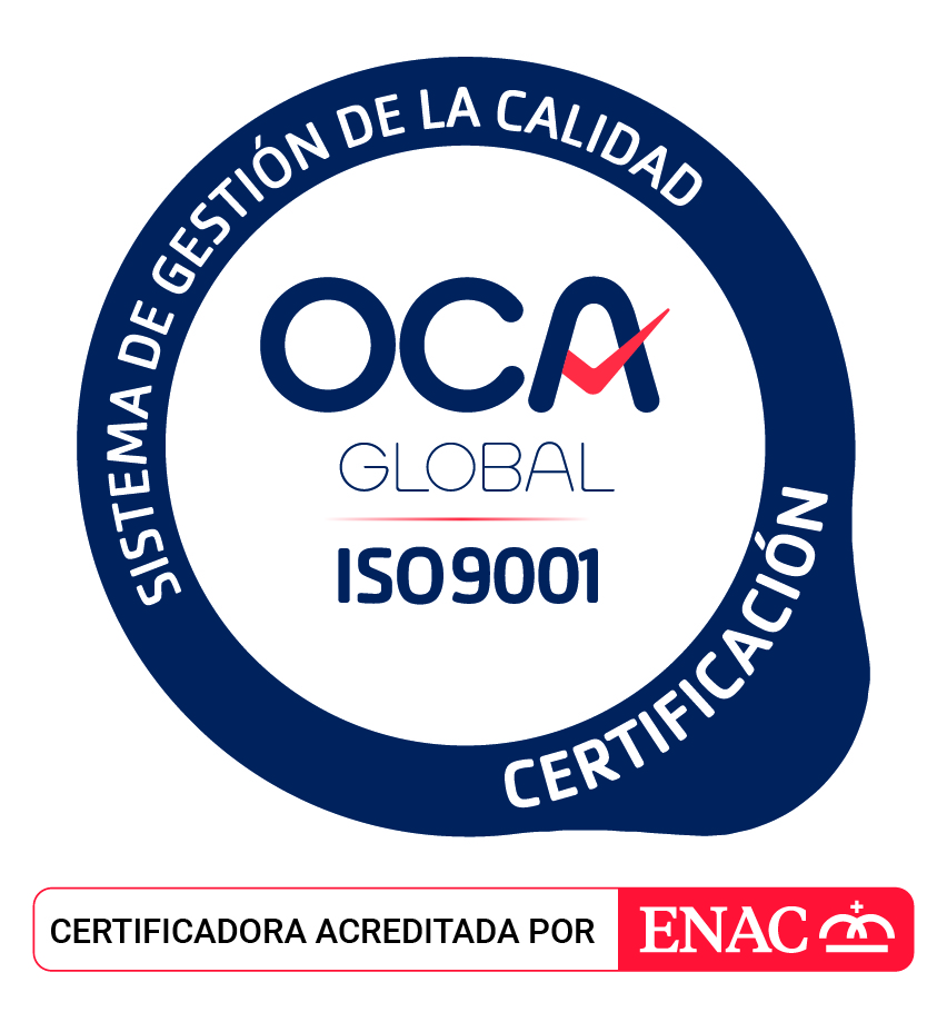 Sello de certificación ISO 9001 de OCA Global, sistema de gestión de la calidad, acreditado por ENAC.